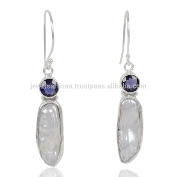 Natural Iolite And Biwa Pearl Gemstone 925 Streling Sliver Earring